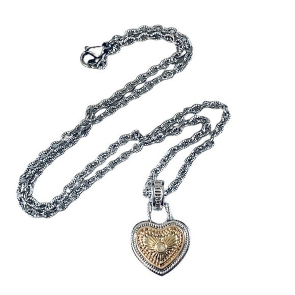 Womens Two Tone Heart Pendant Necklace Silver Gold Sunburst Rhinestone 18 Inch
